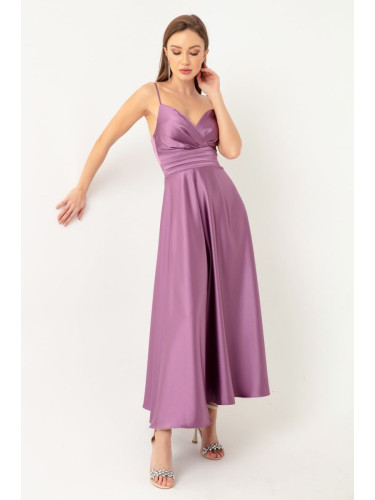 Lafaba Women's Lavender Rope Strap Waist Belted Satin Midi Evening Dress & Graduation Dress