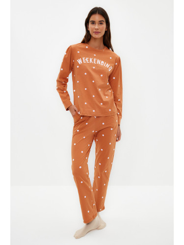 Trendyol Orange 100% Cotton Polka Dot T-shirt-Pants Knitted Pajamas Set