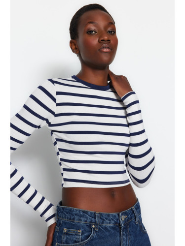 Trendyol Navy Blue Striped Premium Viscose Soft Fabric Fitted Crop Stretchy Knitted Blouse