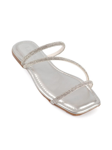 Capone Outfitters With Capone Stones, 3-Stripes, Flat Heel, Quilted Silver Women's Slippers.