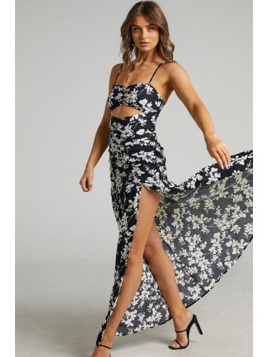 Madmext Long Black Patterned Women's Dress With Decollete
