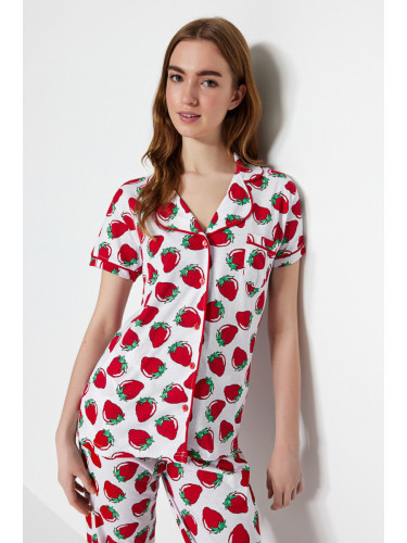 Trendyol White Strawberry Patterned Piping Detailed Sleep Band Knitted Pajama Set