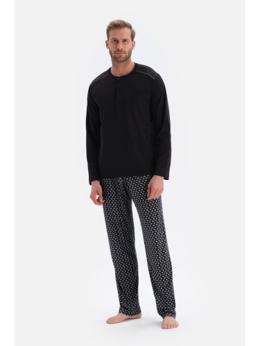 Dagi Black Long Sleeve Tops Featured Printed Bottom Modal Groom Pajamas Set