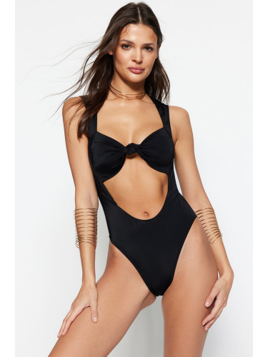 Trendyol черен без презрамки изрязани / прозорец висок крак бански