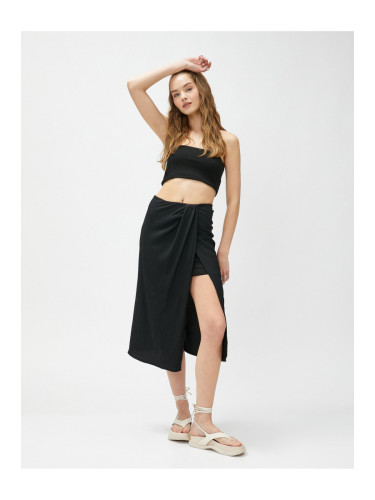 Koton Midi Skirt with Draping and Slits Lined, Textured