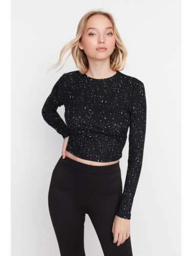 Trendyol Black Patterned Fitted Crew Neck Crop Stretchy Knitted Blouse