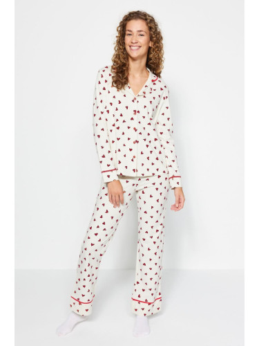 Trendyol Beige 100% Cotton Heart Patterned Shirt-Pants and Knitted Pajamas Set