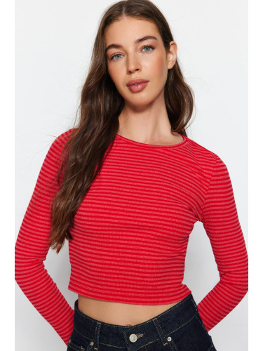 Trendyol Red Striped Slim Crop Crew Neck Ribbed Flexible Knitted Blouse