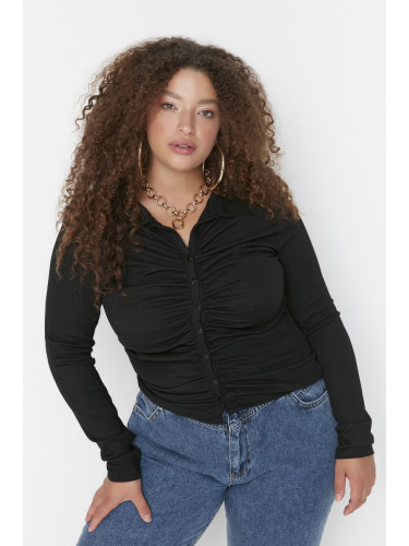 Trendyol Curve Black Fitted Gathered Knitted Shirt