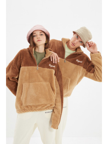 Trendyol Camel Unisex Oversize/Wide Cut Color Block Warm Plush Sweatshirt