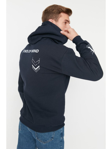 Trendyol Navy Blue Oversize/Wide Cut Text Printed Inside Fleece/Warm Sweatshirt