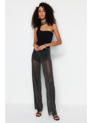 Trendyol черен широк крак подплатен лъскав мрежест панталон