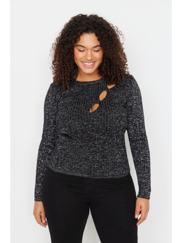 Trendyol крива черен блестящ екипажа врата изрязани подробни трикотаж пуловер