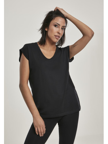 Women's T-shirt with round V-neck with extended shoulder black