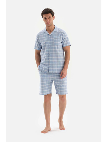 Dagi Light Blue Shirt Collar Plaid Woven Shorts Pajamas Set