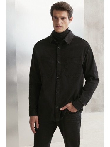 GRIMELANGE Outside Men's Woven Thick Textured Black Shirt with Washed Pocket