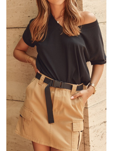 Denim skirt with camel belt