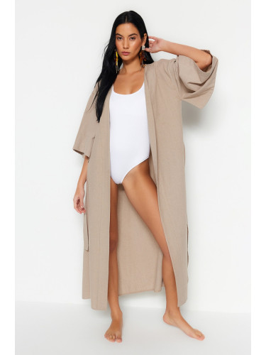 Trendyol Beige Belted Maxi Woven Linen Look Beach Kimono&Caftan