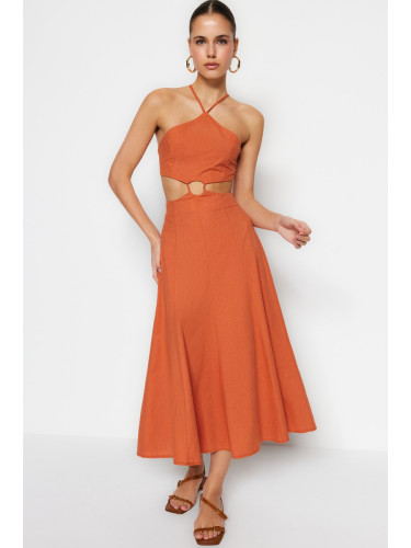 Trendyol канела талията отваряне Midi тъкани прозорец подробни тъкани рокля