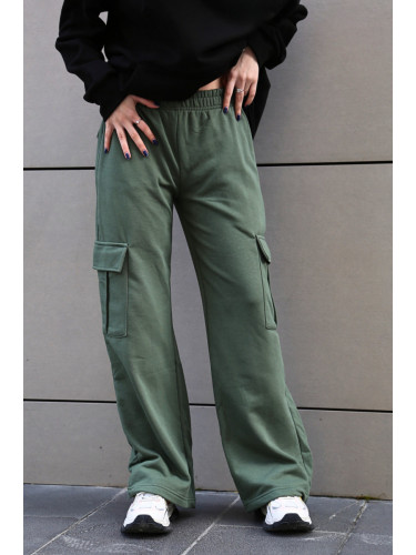 Madmext Women's Khaki Green Wide Leg Cargo Pocket Sweatpants