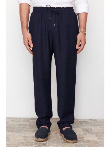 Trendyol Navy Blue Tapered Elastic Waist Tied Linen Look Trousers