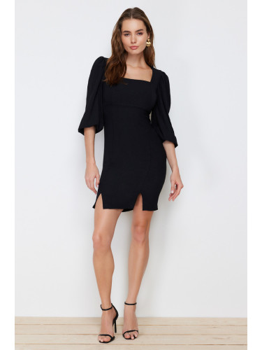 Trendyol черен квадратен врат цепка тъкани мини тъкани рокля