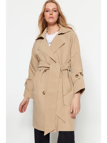 Trendyol бежов извънгабаритни широка яка и колан подробни тренчкот