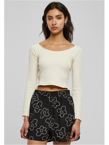 Women's short ribbing with a wide V-neck and long sleeves - white sand