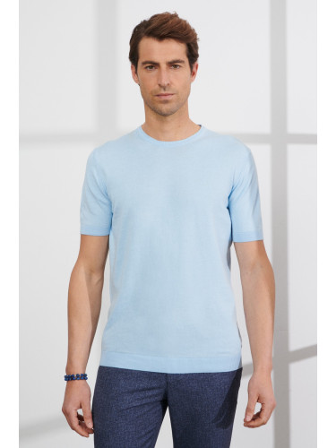 ALTINYILDIZ CLASSICS Мъжка синя стандартна кройка нормално изрязано деколте 100% памук къс ръкав трикотажна тениска.