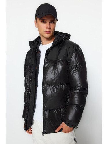 Модерен черен мъжки редовен годни качулка плат блок вода и вятър устойчиви подпухнали зимно палто.