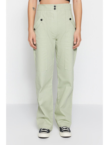 Trendyol светлина каки тъкани бутон подробни памучни панталони