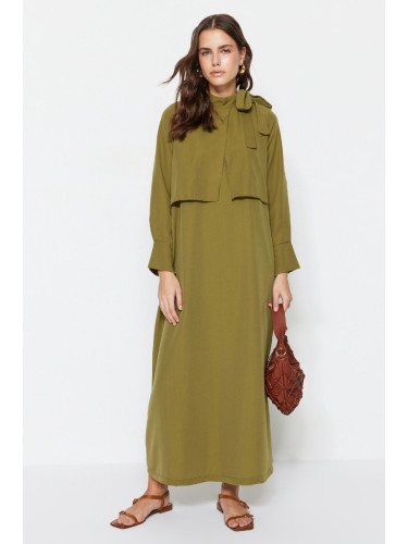 Trendyol каки тъкани рокля с вратовръзка детайл на яката