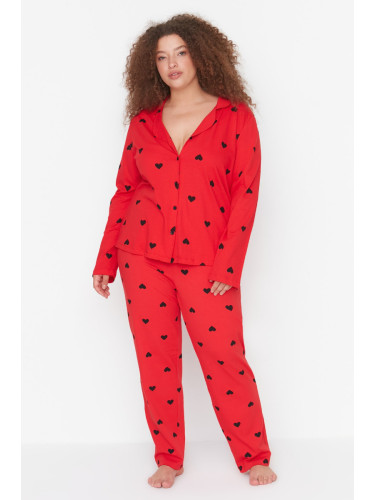 Trendyol Curve Red Heart Shirt Collar Knitted Pajamas Set