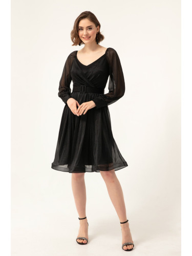 Lafaba Дамско черно с колан, блестяща Midi вечерна рокля