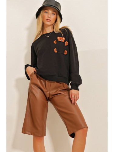 Trend Alaçatı Stili Women's Black Crewneck Sweatshirt with Pockets Embroidered Teddy bears