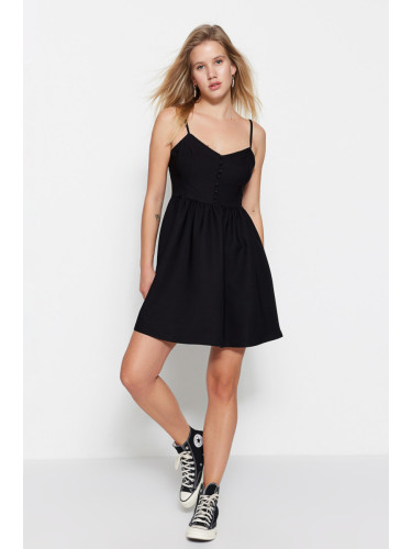 Trendyol черна талия отваряне мини тъкани бутон подробни тъкани рокля