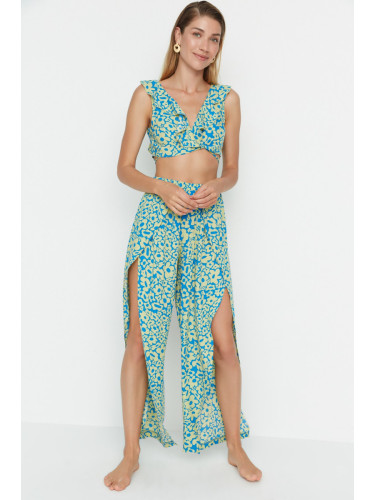 Trendyol Green Floral Print Beach Top-Top Set with a slit
