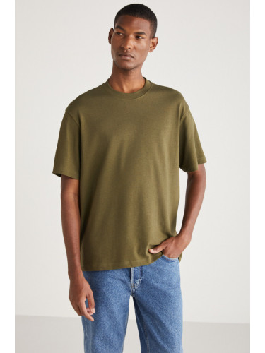 GRIMELANGE Curtis Men's Comfort Fit Thick Textured Recycle 100% Cotton Khaki T-shirt