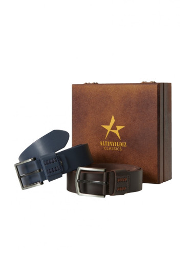 ALTINYILDIZ CLASSICS Men's Navy Blue-Brown Set of 2 Jeans Belt with Special Wooden Gift Box Groom's Pack