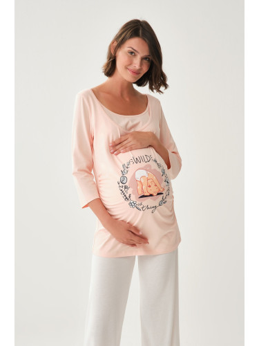 Dagi Pink Boat Neck Long Sleeve Maternity Cotton T-shirt