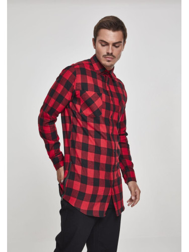 Long plaid flannel shirt with side zip, blk/red