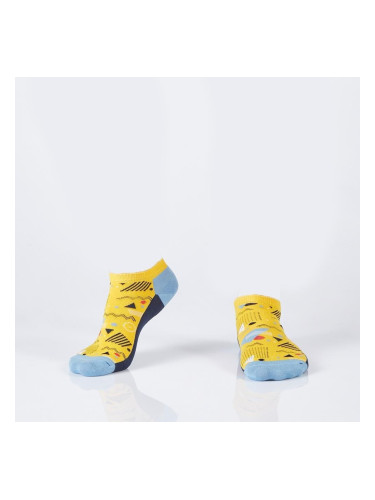 Navy blue and yellow women's short socks with geometric patterns