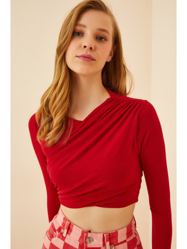 Happiness İstanbul Women's Vibrant Red Pleated Crop Knitted Blouse