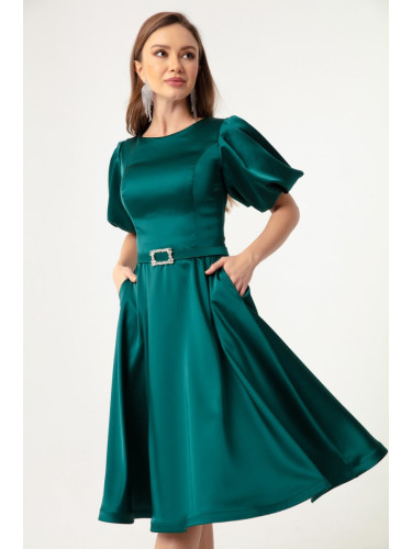 Lafaba Дамска изумрудено зелена мини сатенена вечерна рокля с балон ръкави и каменен колан.