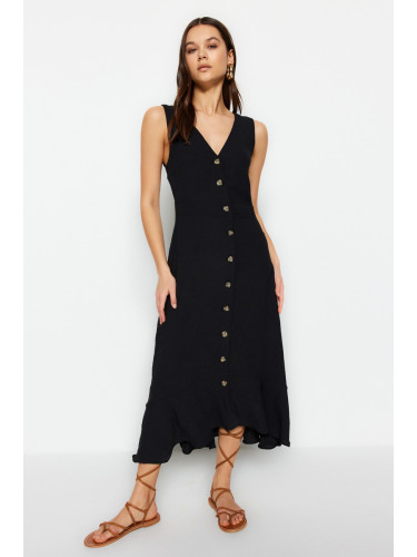Trendyol черен бутон подробни тъкани тъкани рокля