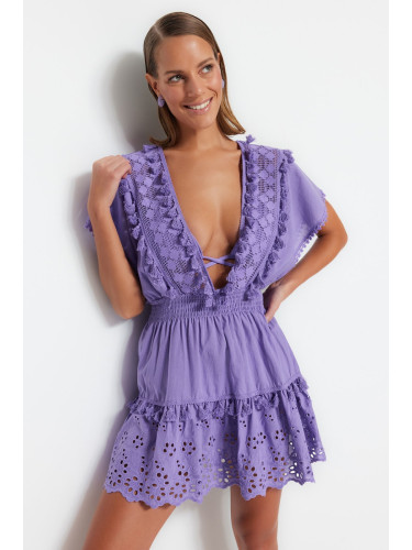 Trendyol люляк мини тъкат бродирани 100% памук плажна рокля