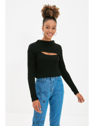 Trendyol черен мек текстуриран прозорец/изрязан трикотажен пуловер