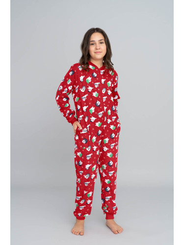 Children's Long Sleeve Jumpsuit for Older Kids, Long Pants - Red Print