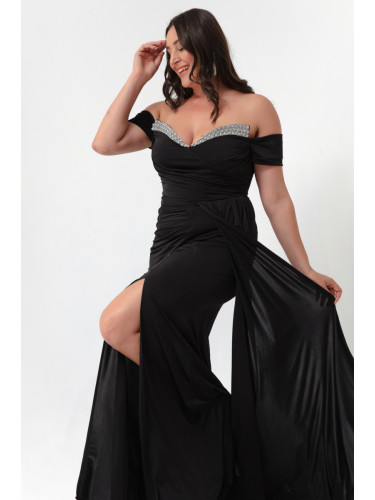 Lafaba Дамска черна дълга вечерна рокля с камъни на опашката