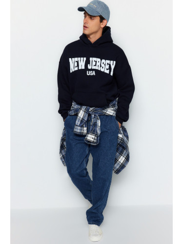 Trendyol Navy Blue Oversize/Wide Cut City Printed Cotton Fleece/Warm Sweatshirt